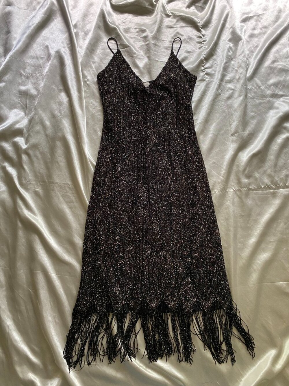 Vintage 1990s Black Gold Metallic Crochet Fringe Dress Boho XS/S Party